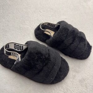UGG Sandals Kids Size 1 Black Fluff Yeah Slide Elastic Slingback